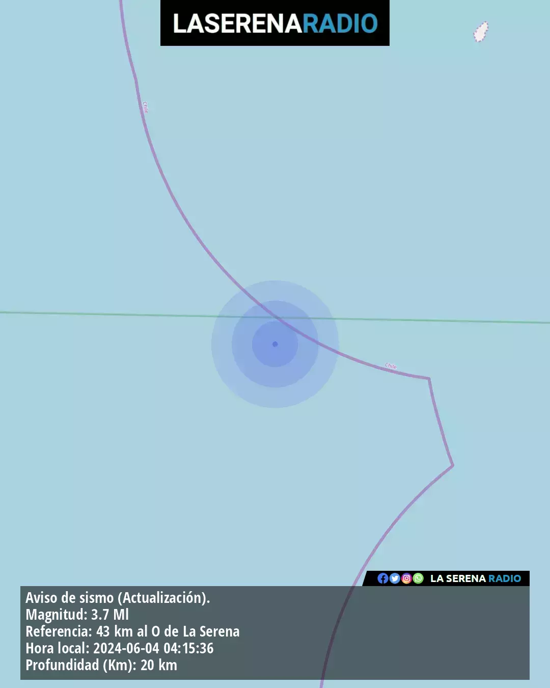 Sismo de menor intensidad a 43 kilómetros al oeste de La Serena