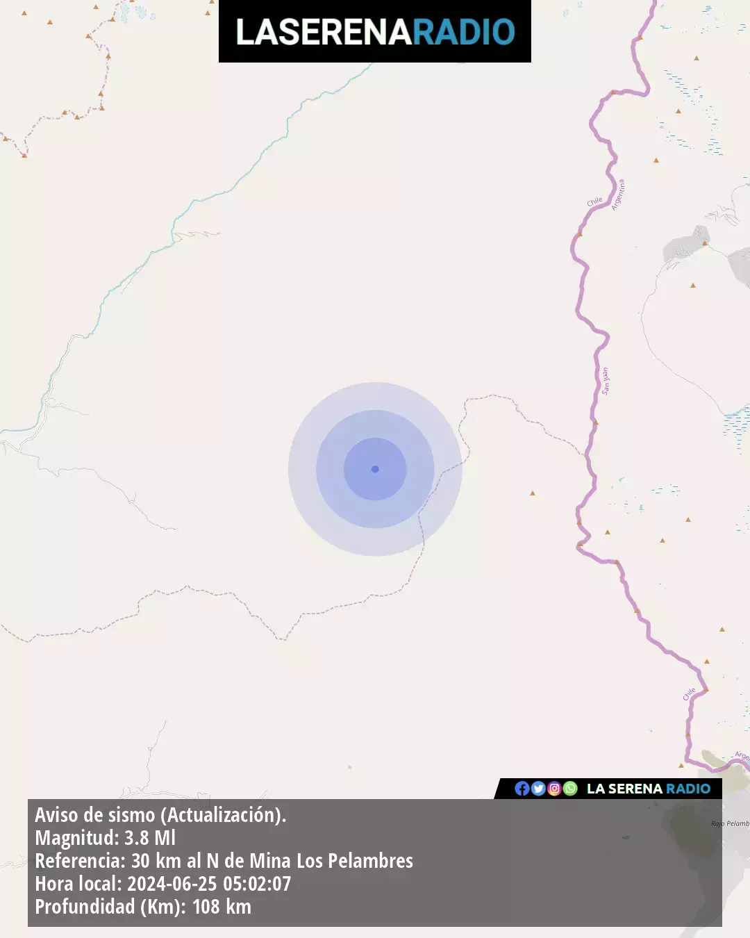 Sismo de menor intensidad a 30 kilómetros al norte de Mina Los Pelambres