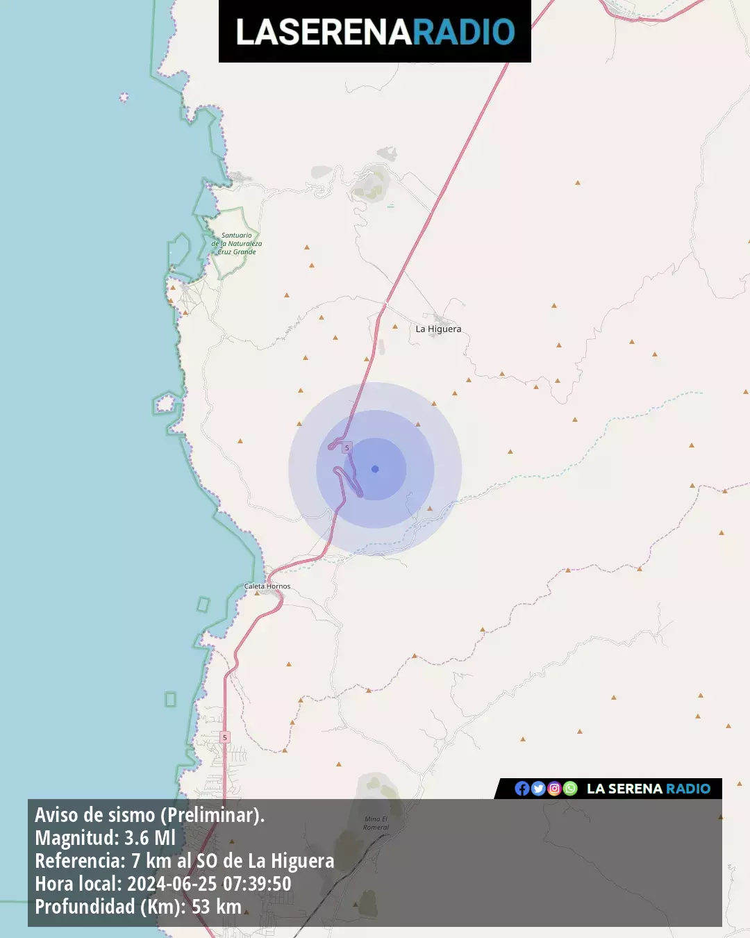 Sismo de menor intensidad a 7 kilómetros al suroeste de La Higuera