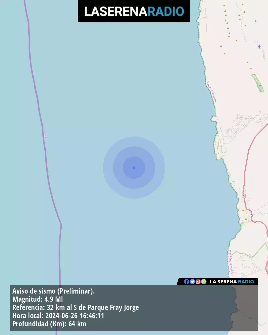 Sismo de mediana intensidad a 32 kilómetros al sur de Parque Fray Jorge