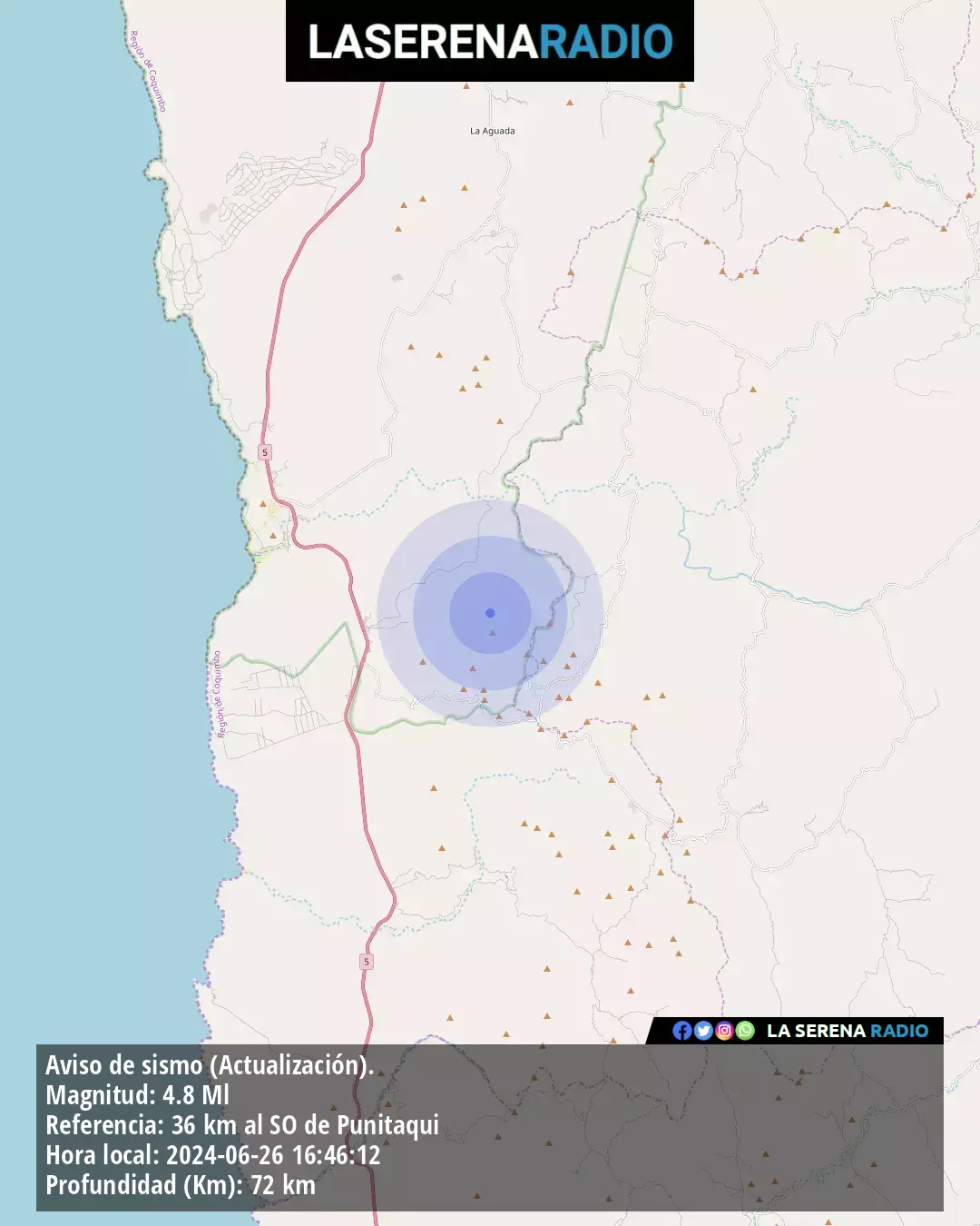 Sismo de mediana intensidad a 36 kilómetros al suroeste de Punitaqui