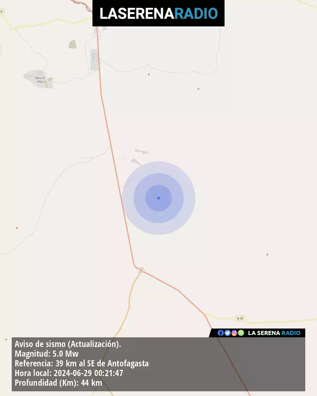 Sismo de mediana intensidad a 39 kilómetros al sureste de Antofagasta