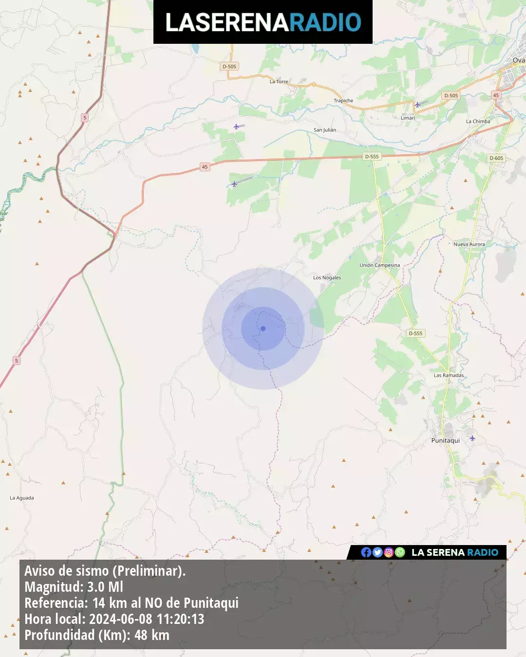 Sismo de menor intensidad a 14 kilómetros al noroeste de Punitaqui