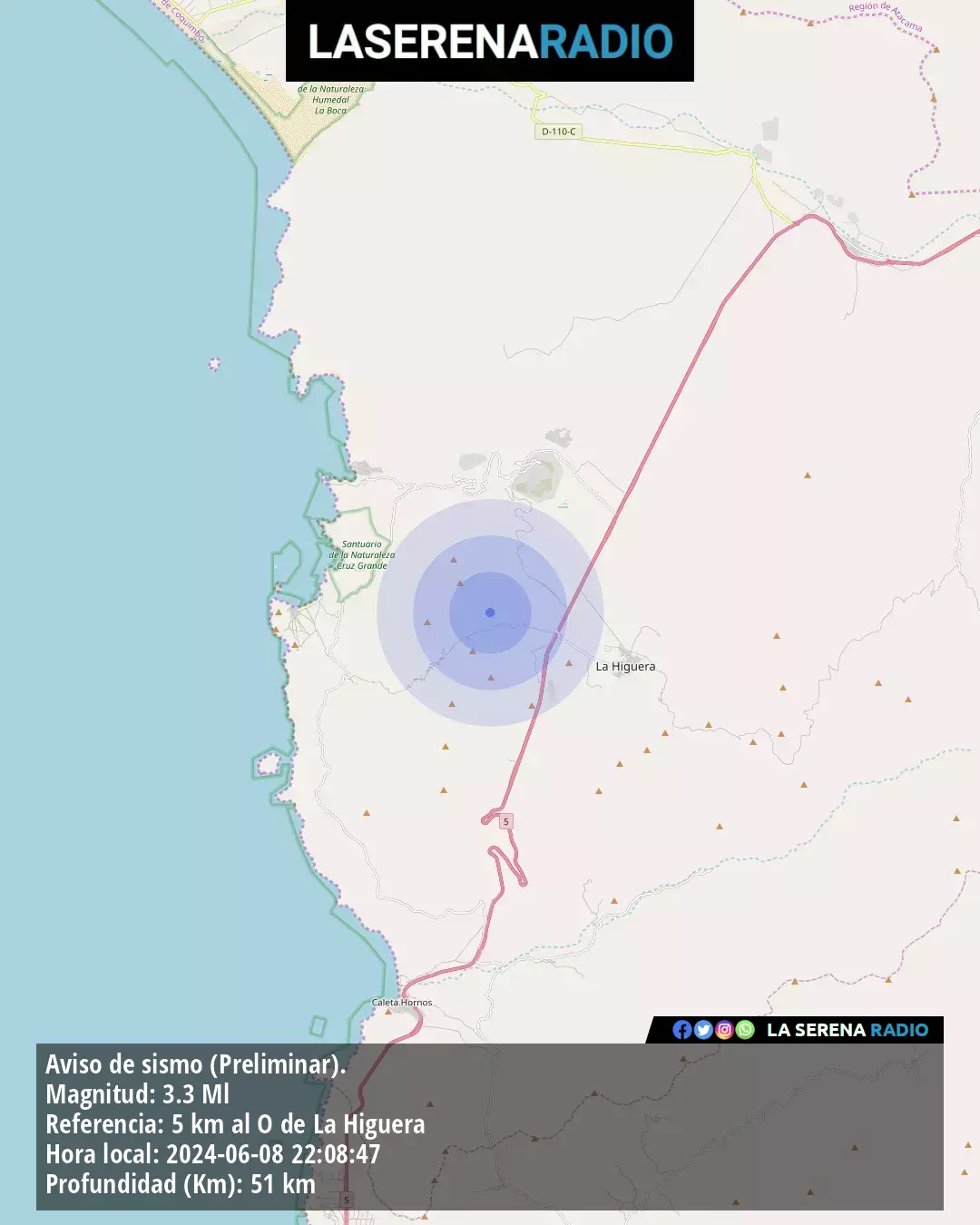 Sismo de menor intensidad a 5 kilómetros al oeste de La Higuera