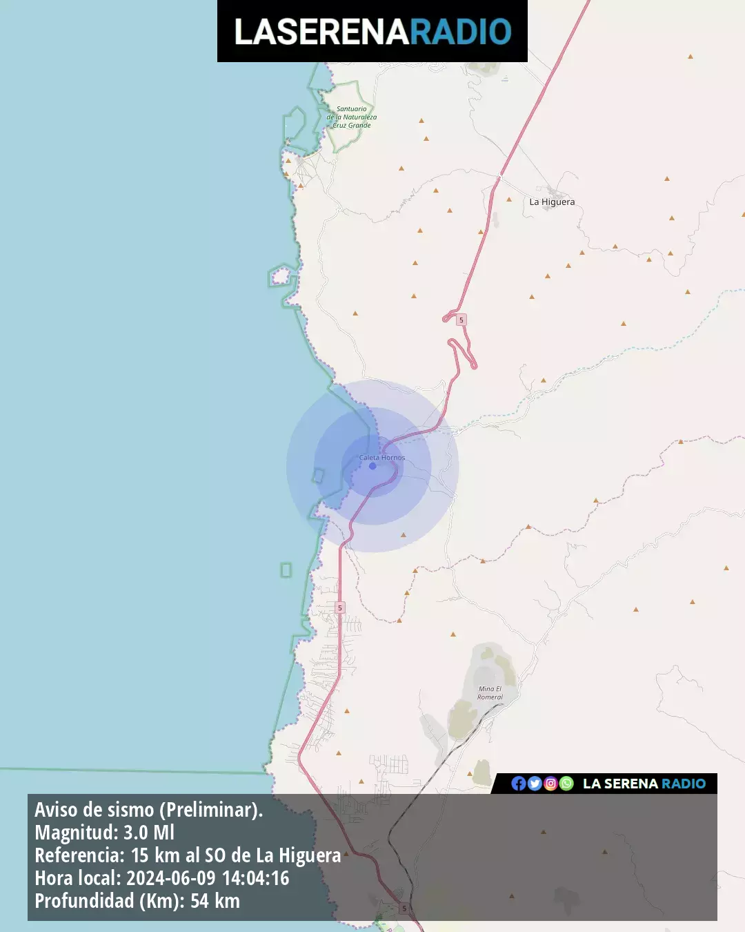 Sismo de menor intensidad a 15 kilómetros al suroeste de La Higuera