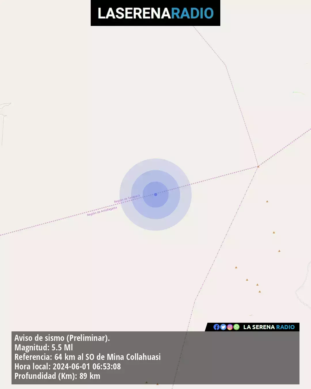 Sismo de mediana intensidad a 64 kilómetros al suroeste de Mina Collahuasi