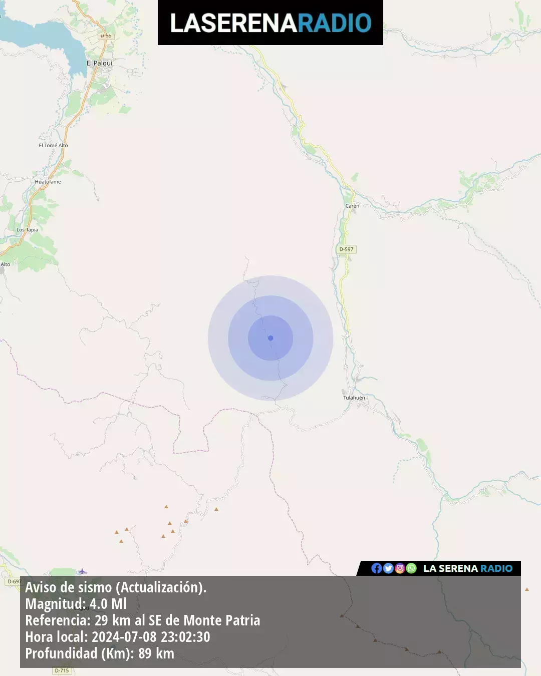 Sismo de mediana intensidad a 29 kilómetros al sureste de Monte Patria