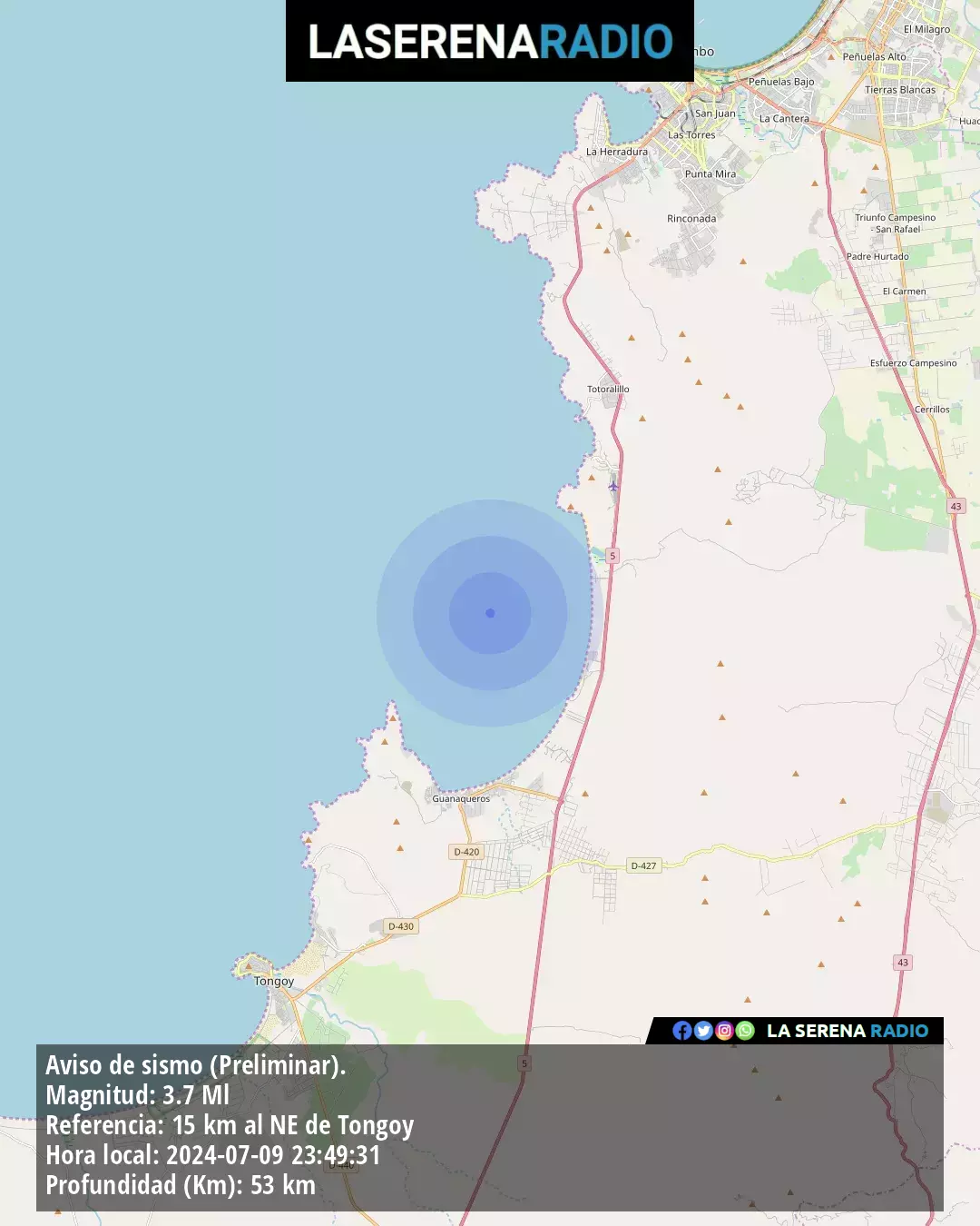 Sismo de menor intensidad a 15 kilómetros al noreste de Tongoy