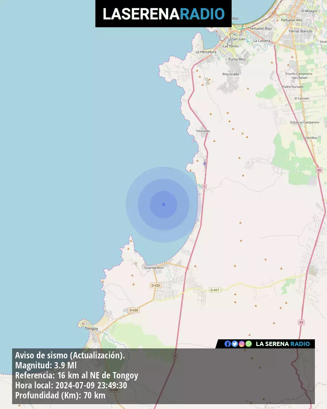 Sismo de menor intensidad a 16 kilómetros al noreste de Tongoy