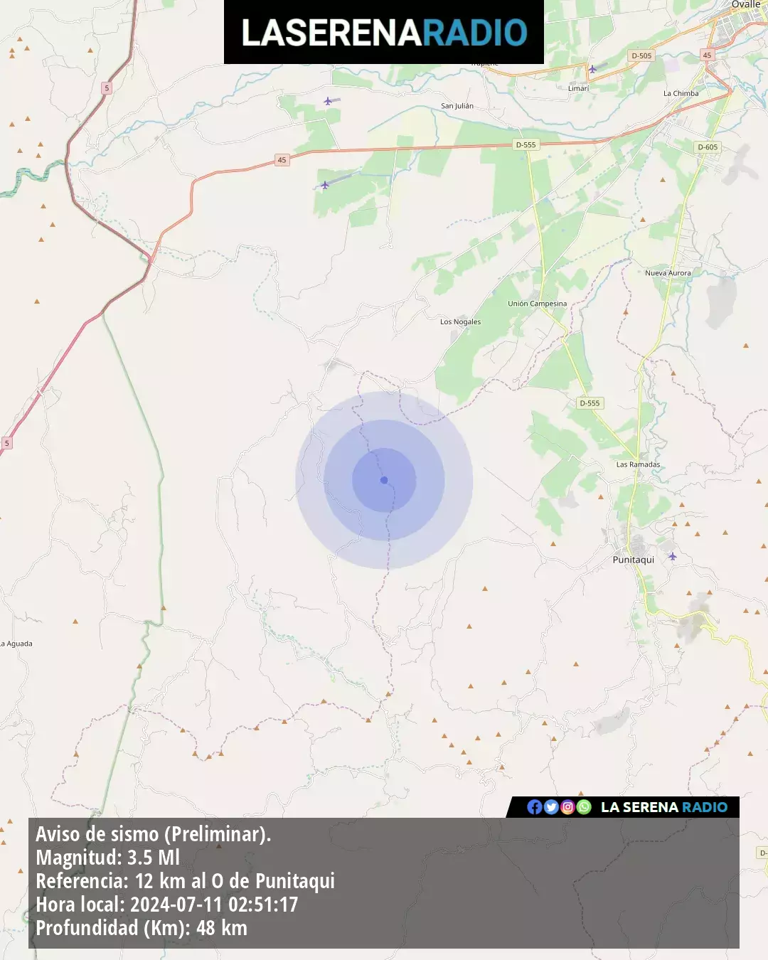 Sismo de menor intensidad a 12 kilómetros al oeste de Punitaqui