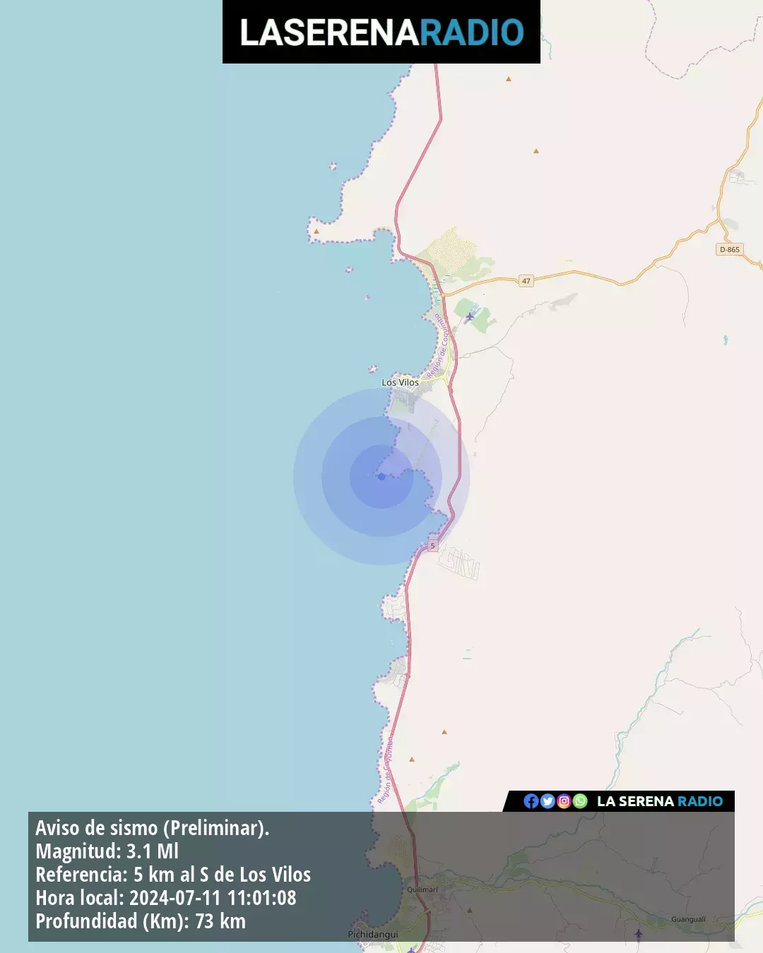 Sismo de menor intensidad a 5 kilómetros al sur de Los Vilos