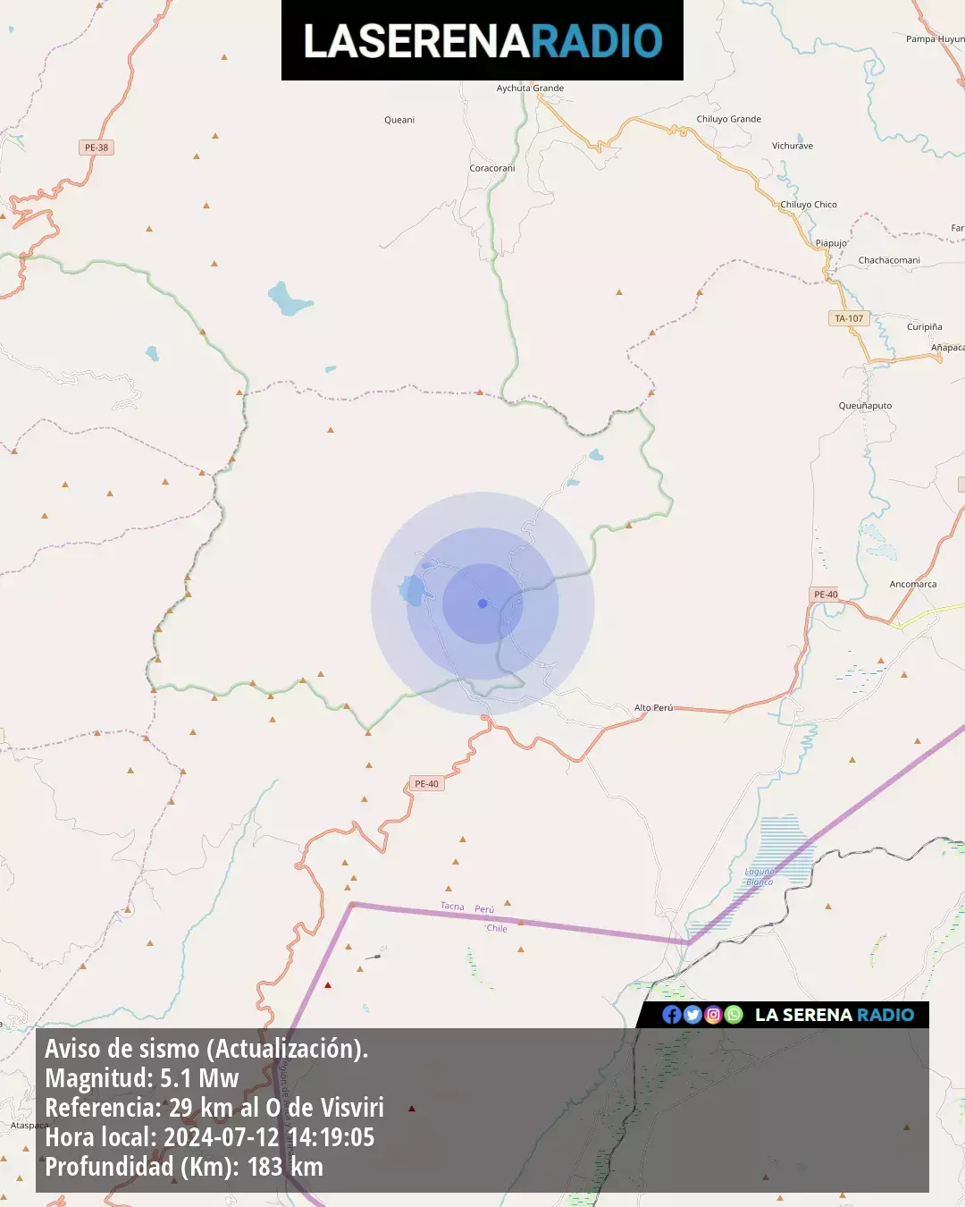 Sismo de mediana intensidad a 29 kilómetros al oeste de Visviri