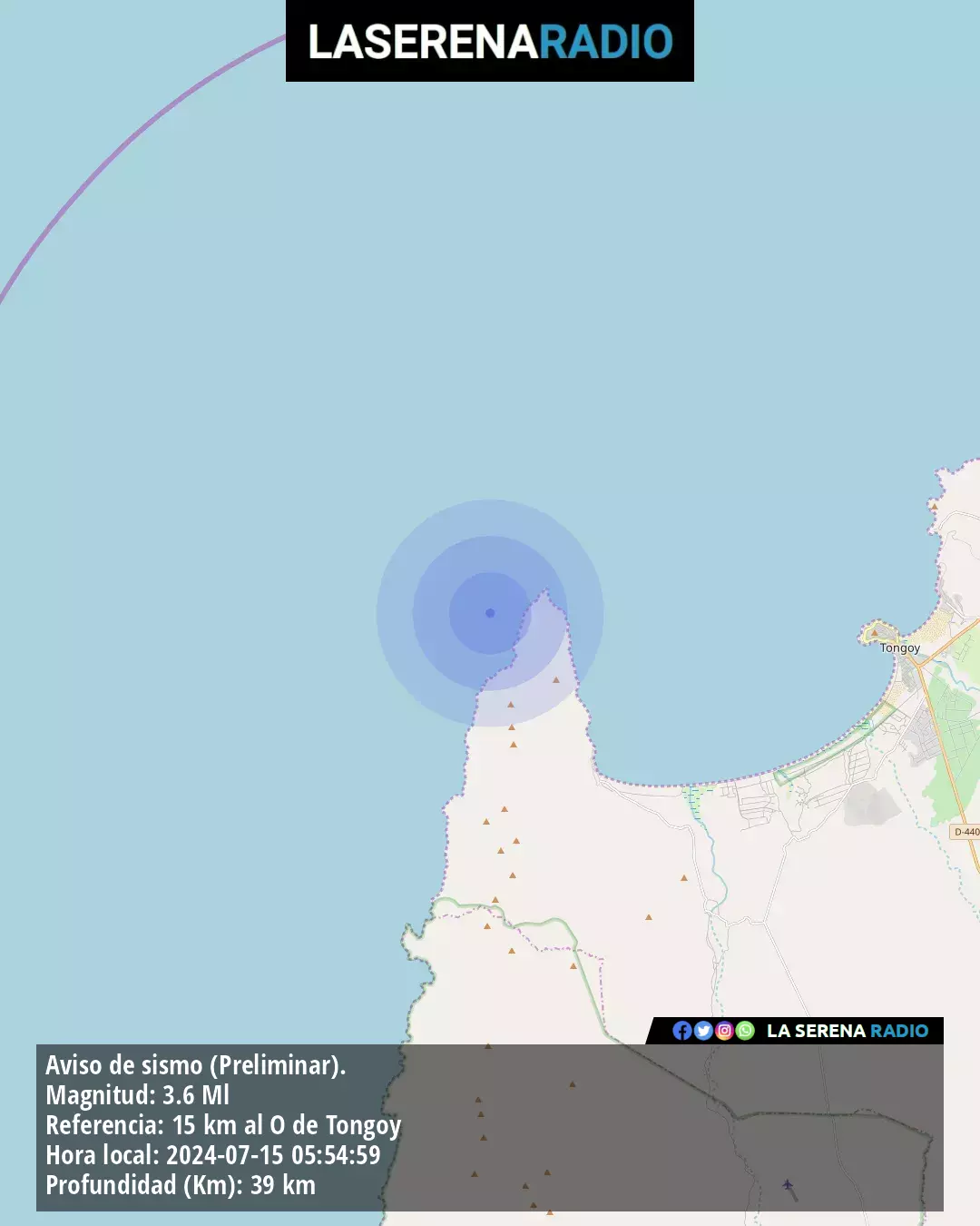 Sismo de menor intensidad a 15 kilómetros al oeste de Tongoy