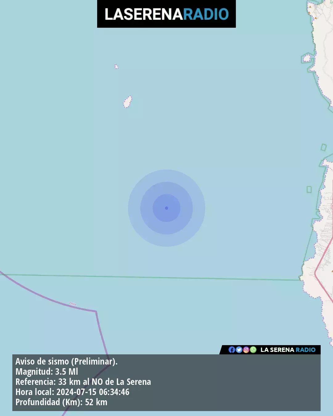 Sismo de menor intensidad a 33 kilómetros al noroeste de La Serena