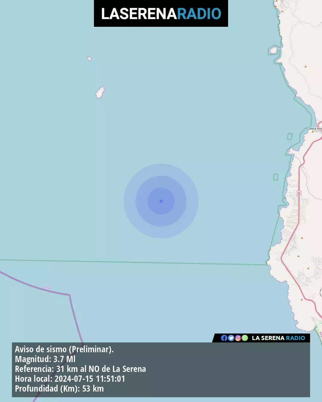 Sismo de menor intensidad a 31 kilómetros al noroeste de La Serena