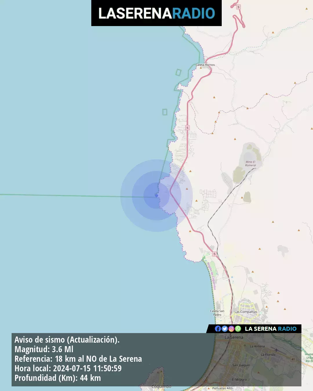 Sismo de menor intensidad a 18 kilómetros al noroeste de La Serena