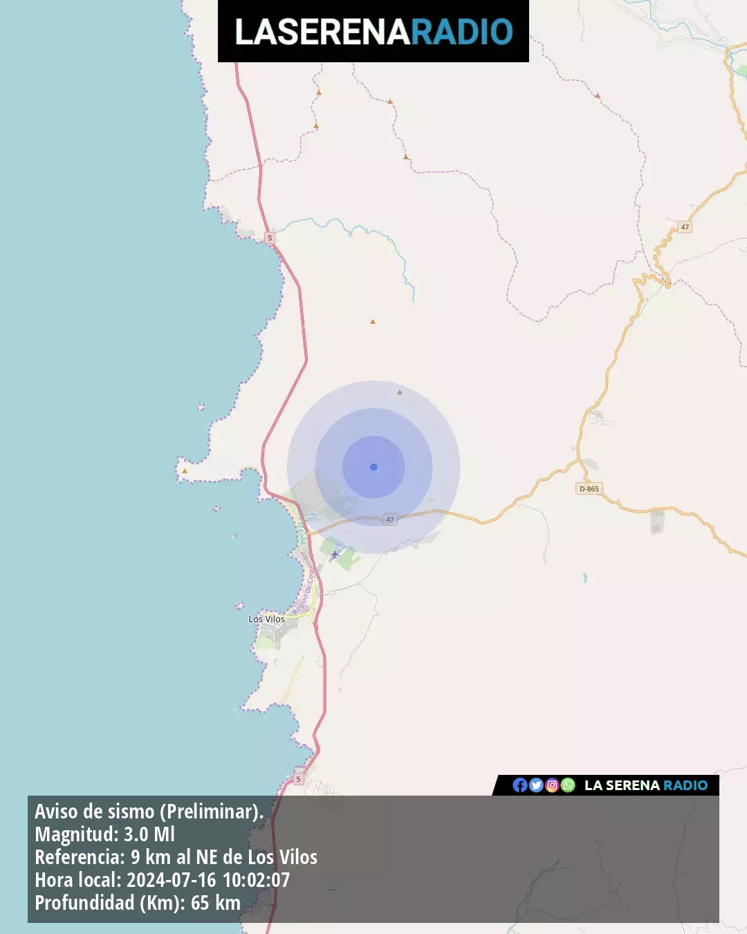 Sismo de menor intensidad a 9 kilómetros al noreste de Los Vilos