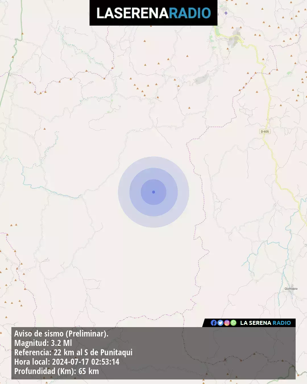 Sismo de menor intensidad a 22 kilómetros al sur de Punitaqui