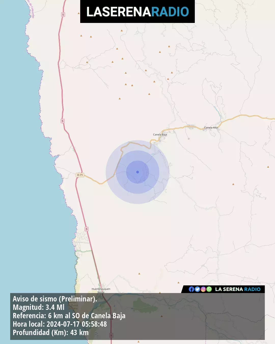 Sismo de menor intensidad a 6 kilómetros al suroeste de Canela Baja