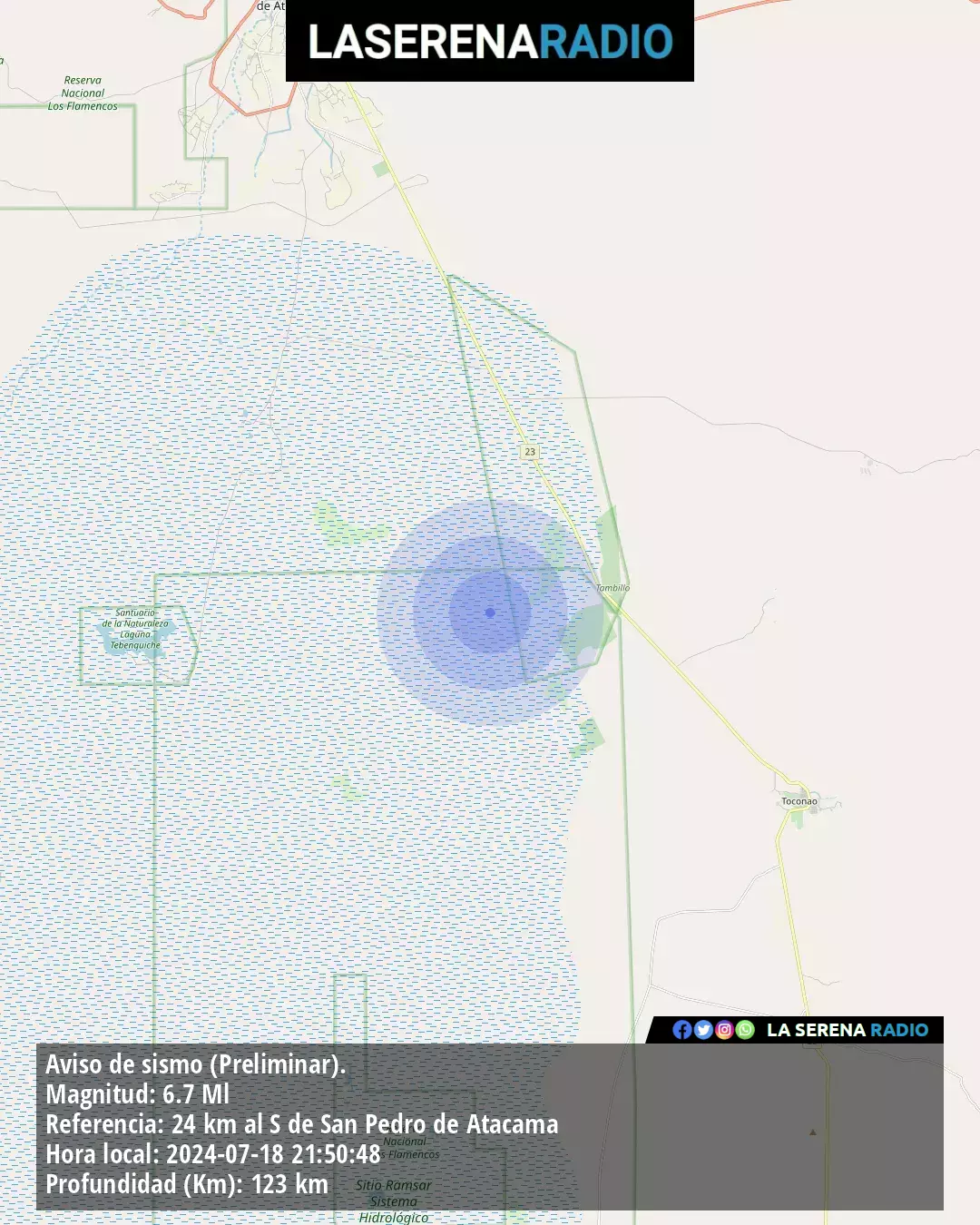 Sismo de mediana intensidad a 24 kilómetros al sur de San Pedro de Atacama