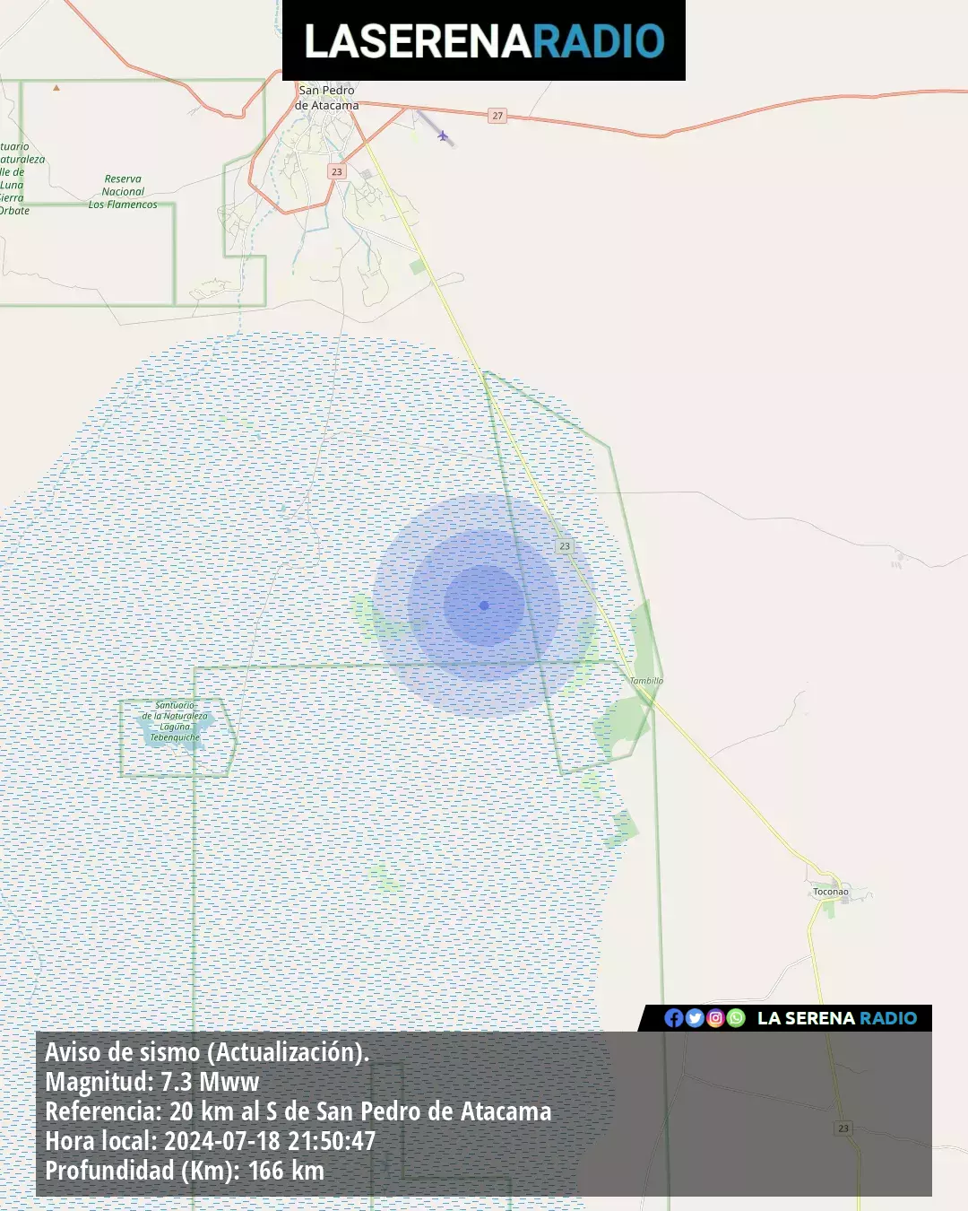 Sismo de mayor intensidad a 20 kilómetros al sur de San Pedro de Atacama