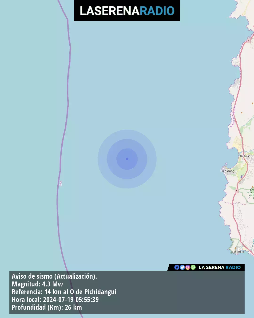 Sismo de mediana intensidad a 14 kilómetros al oeste de Pichidangui