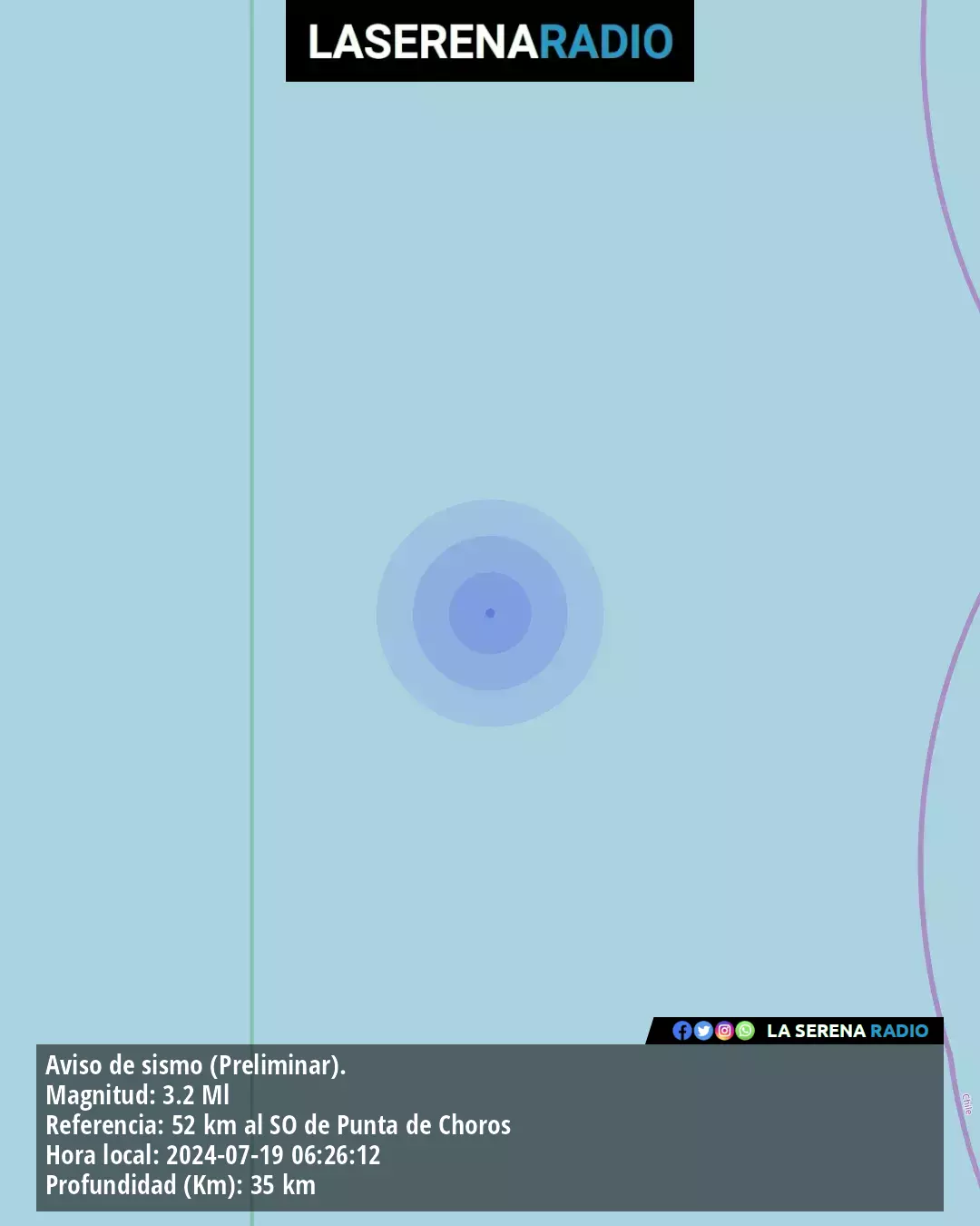 Sismo de menor intensidad a 52 kilómetros al suroeste de Punta de Choros