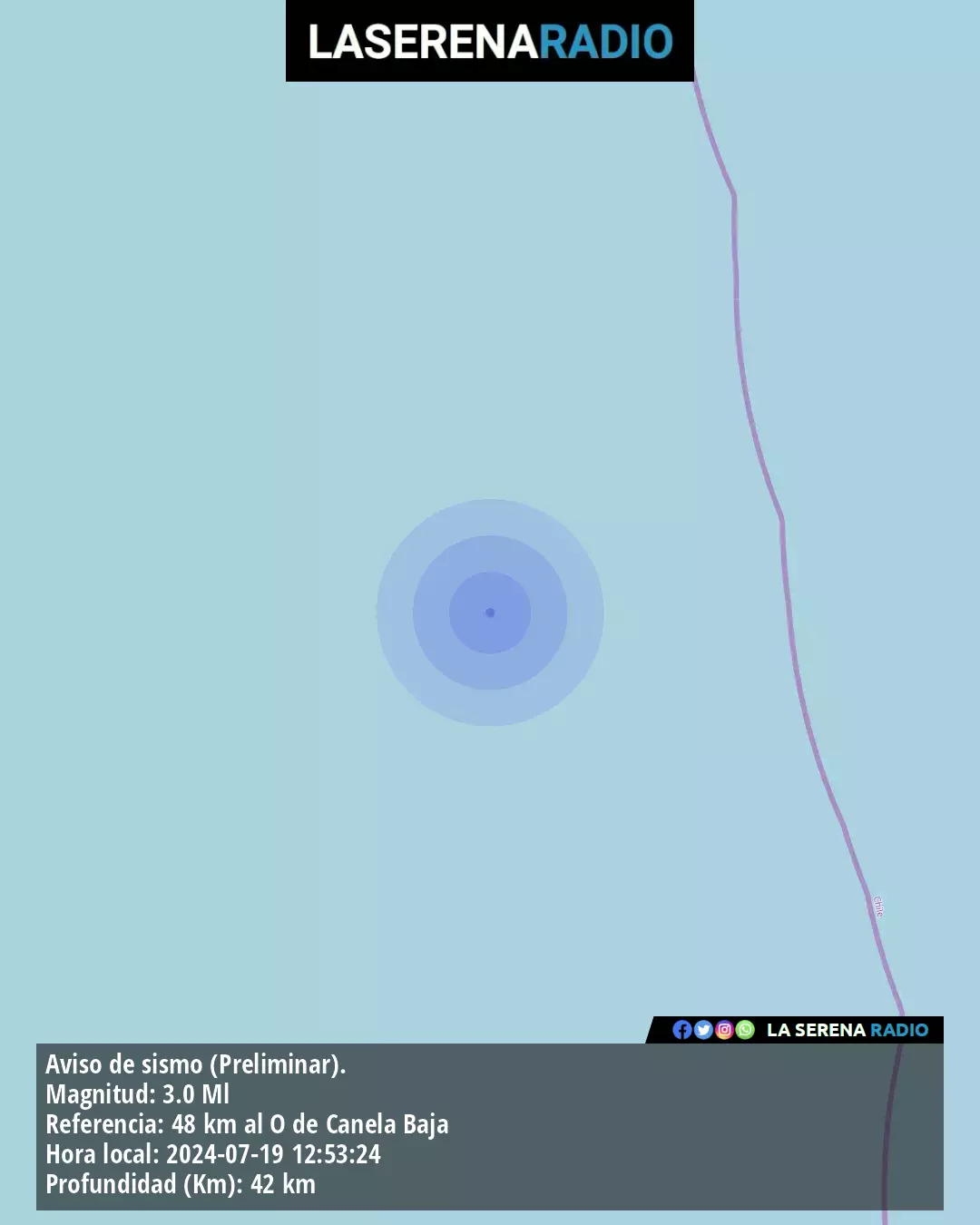 Sismo de menor intensidad a 48 kilómetros al oeste de Canela Baja