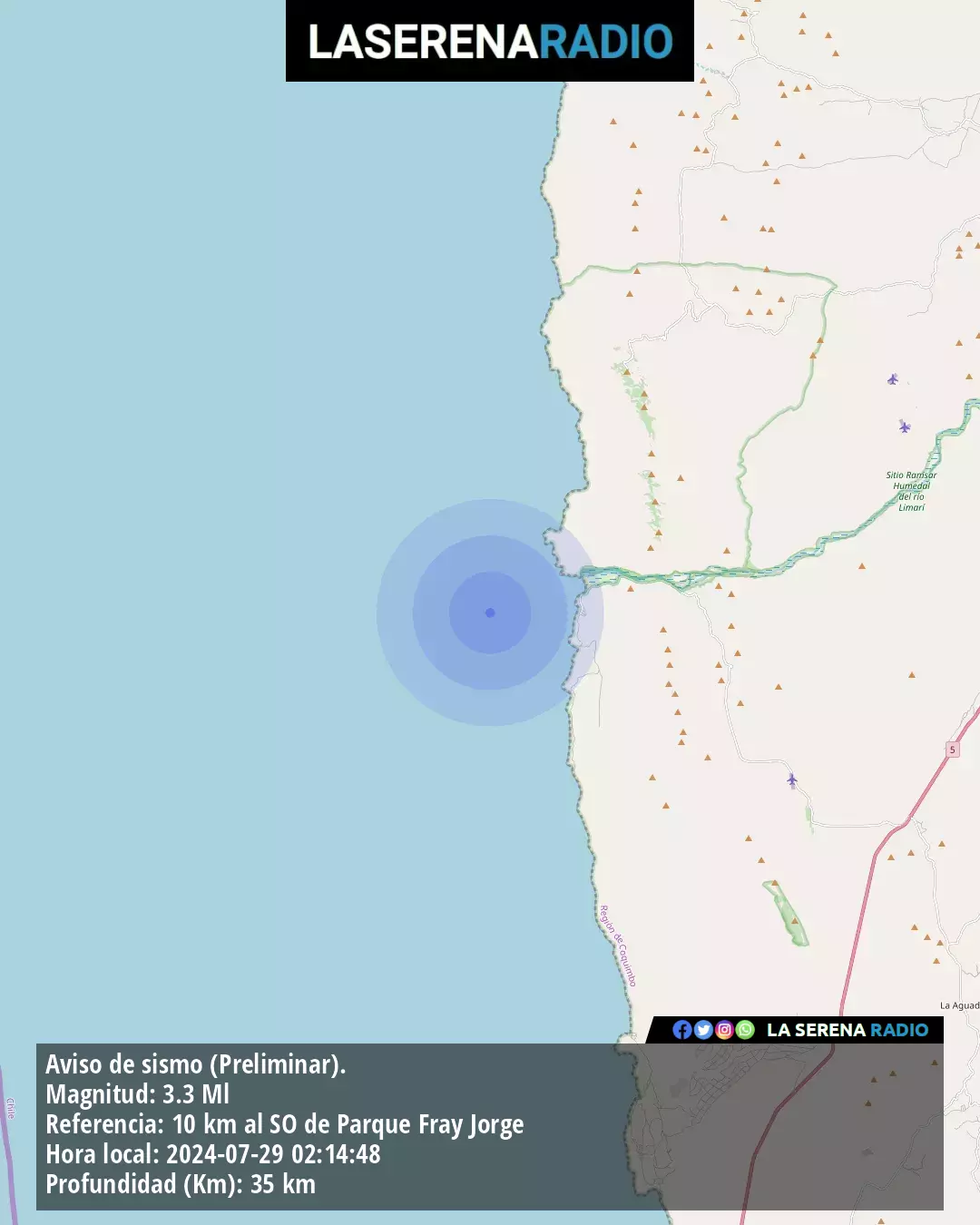 Sismo de menor intensidad a 10 kilómetros al suroeste de Parque Fray Jorge