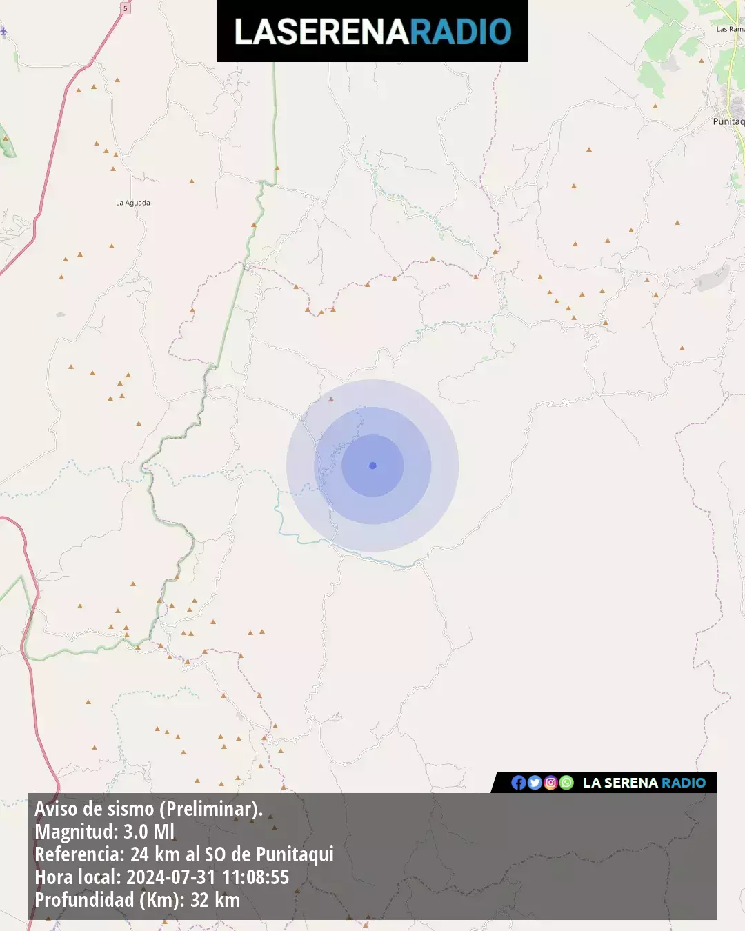 Sismo de menor intensidad a 24 kilómetros al suroeste de Punitaqui