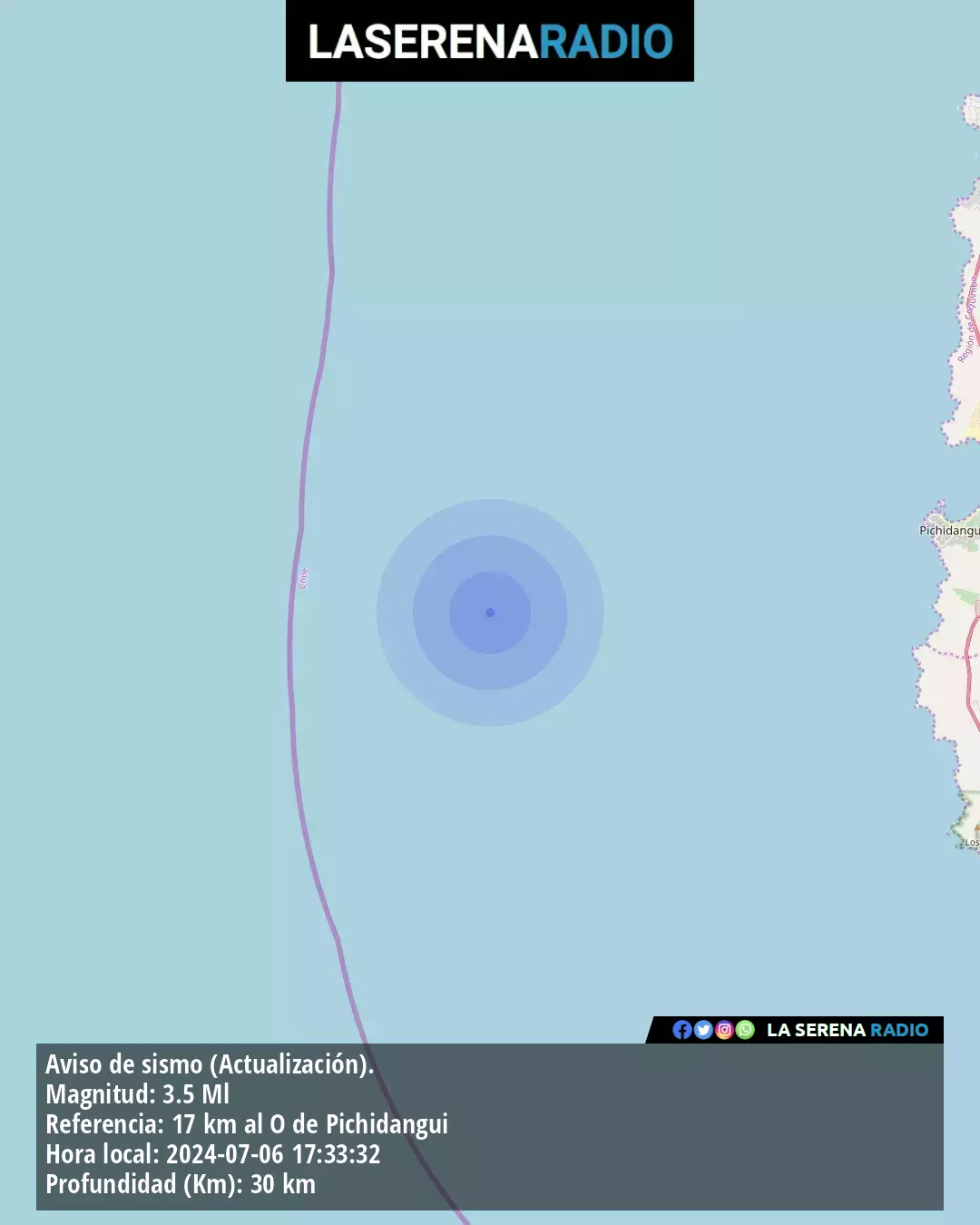 Sismo de menor intensidad a 17 kilómetros al oeste de Pichidangui