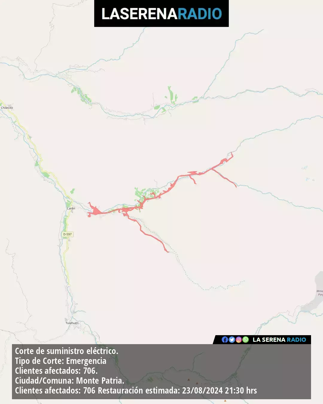 Corte de suministro eléctrico afecta a 706 clientes en Monte Patria