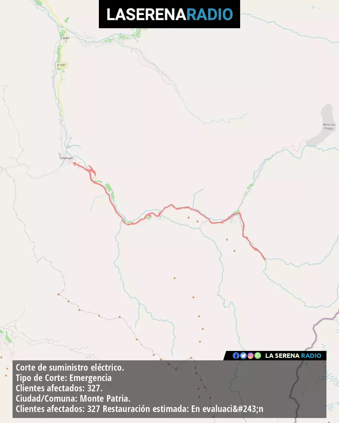 Corte de suministro eléctrico afecta a 327 clientes en Monte Patria