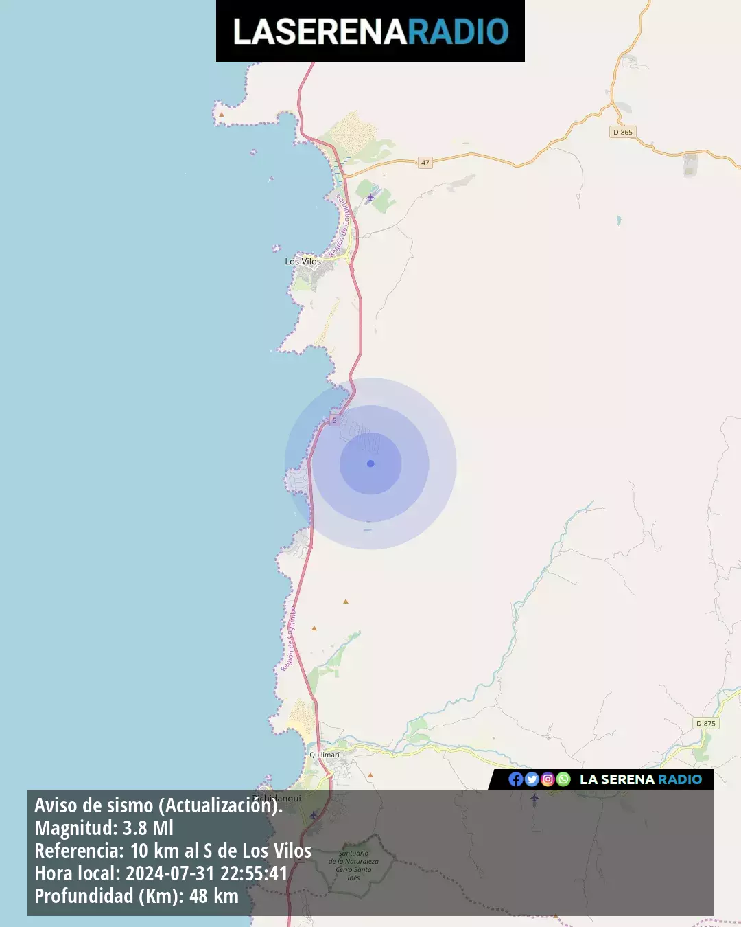 Sismo de menor intensidad a 10 kilómetros al sur de Los Vilos