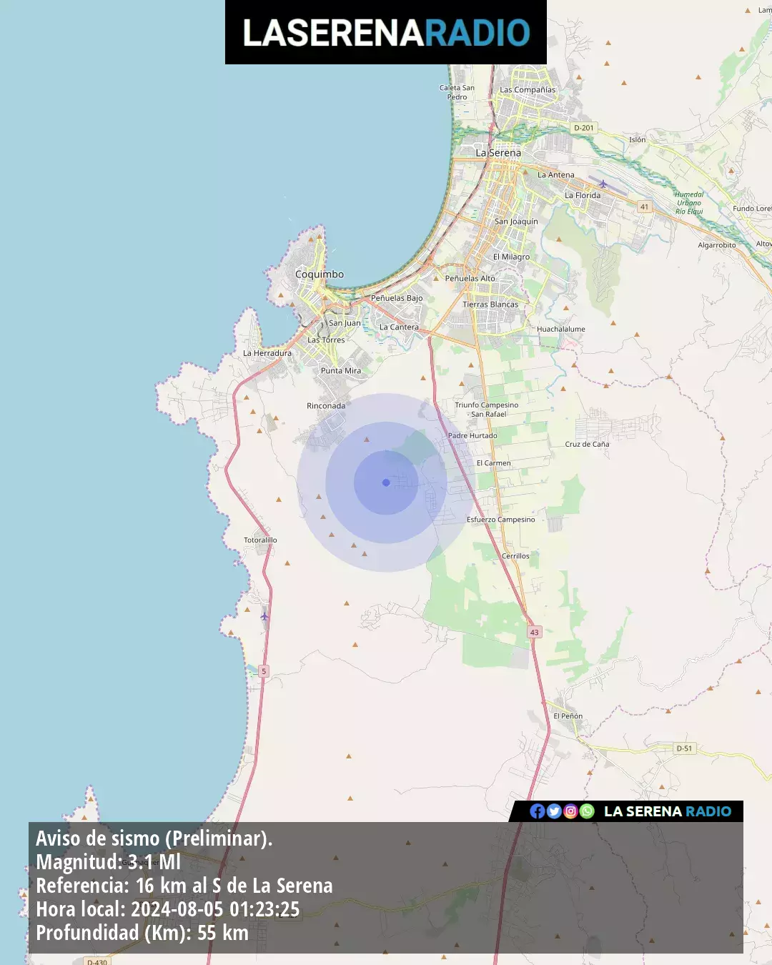 Sismo de menor intensidad a 16 kilómetros al sur de La Serena