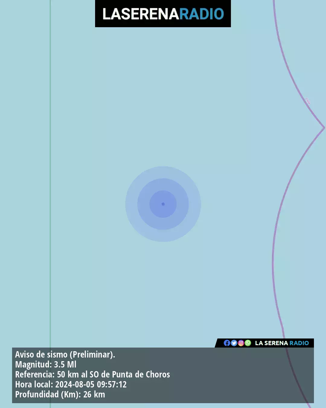 Sismo de menor intensidad a 50 kilómetros al suroeste de Punta de Choros