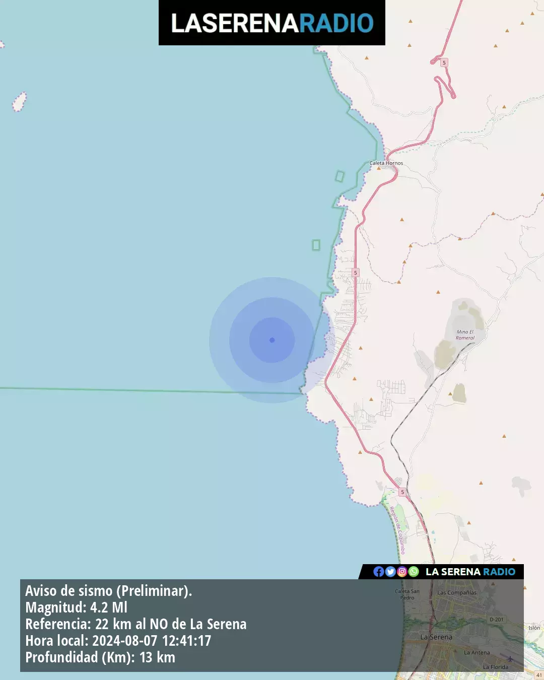 Sismo de mediana intensidad a 22 kilómetros al noroeste de La Serena