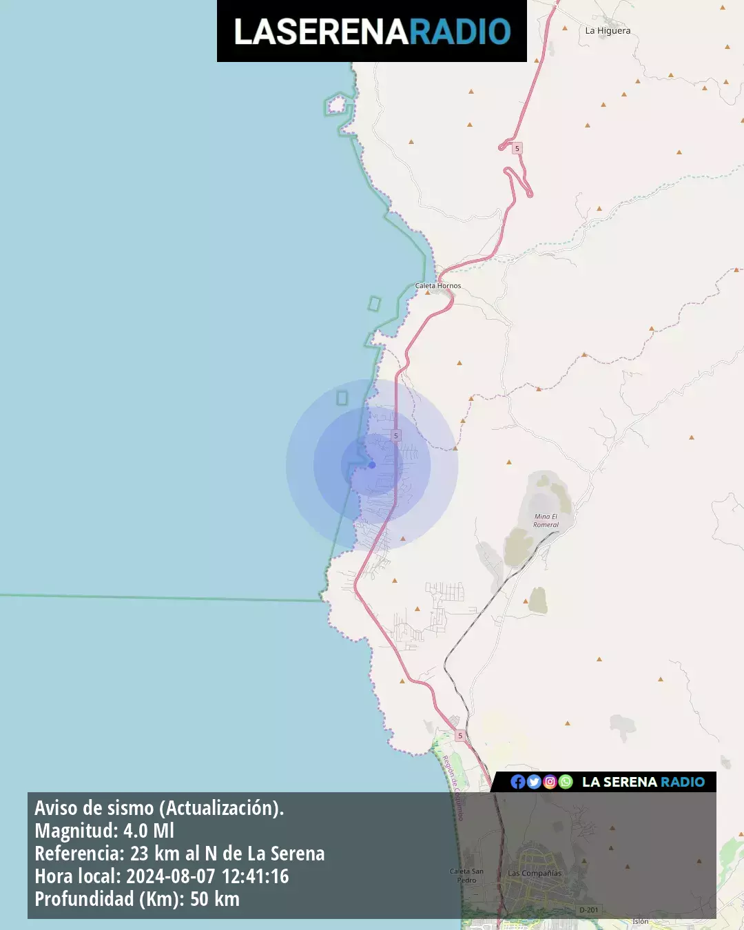 Sismo de mediana intensidad a 23 kilómetros al norte de La Serena