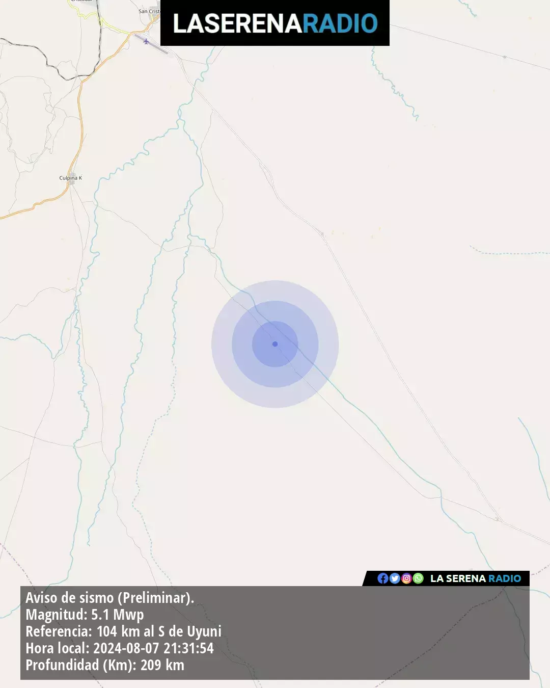 Sismo de mediana intensidad a 104 kilómetros al sur de Uyuni