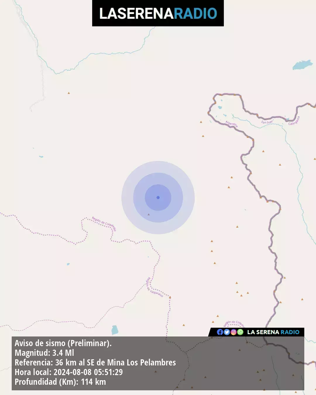 Sismo de menor intensidad a 36 kilómetros al sureste de Mina Los Pelambres