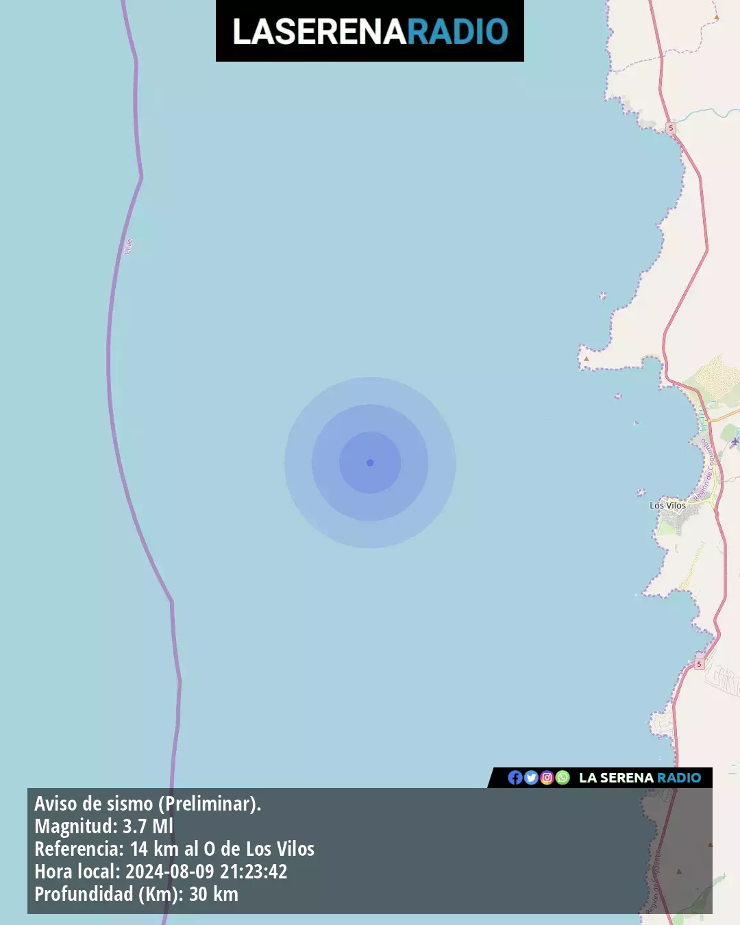 Sismo de menor intensidad a 14 kilómetros al oeste de Los Vilos