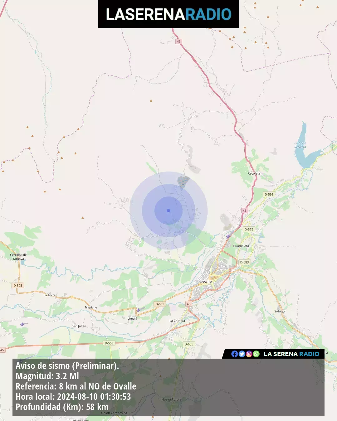 Sismo de menor intensidad a 8 kilómetros al noroeste de Ovalle