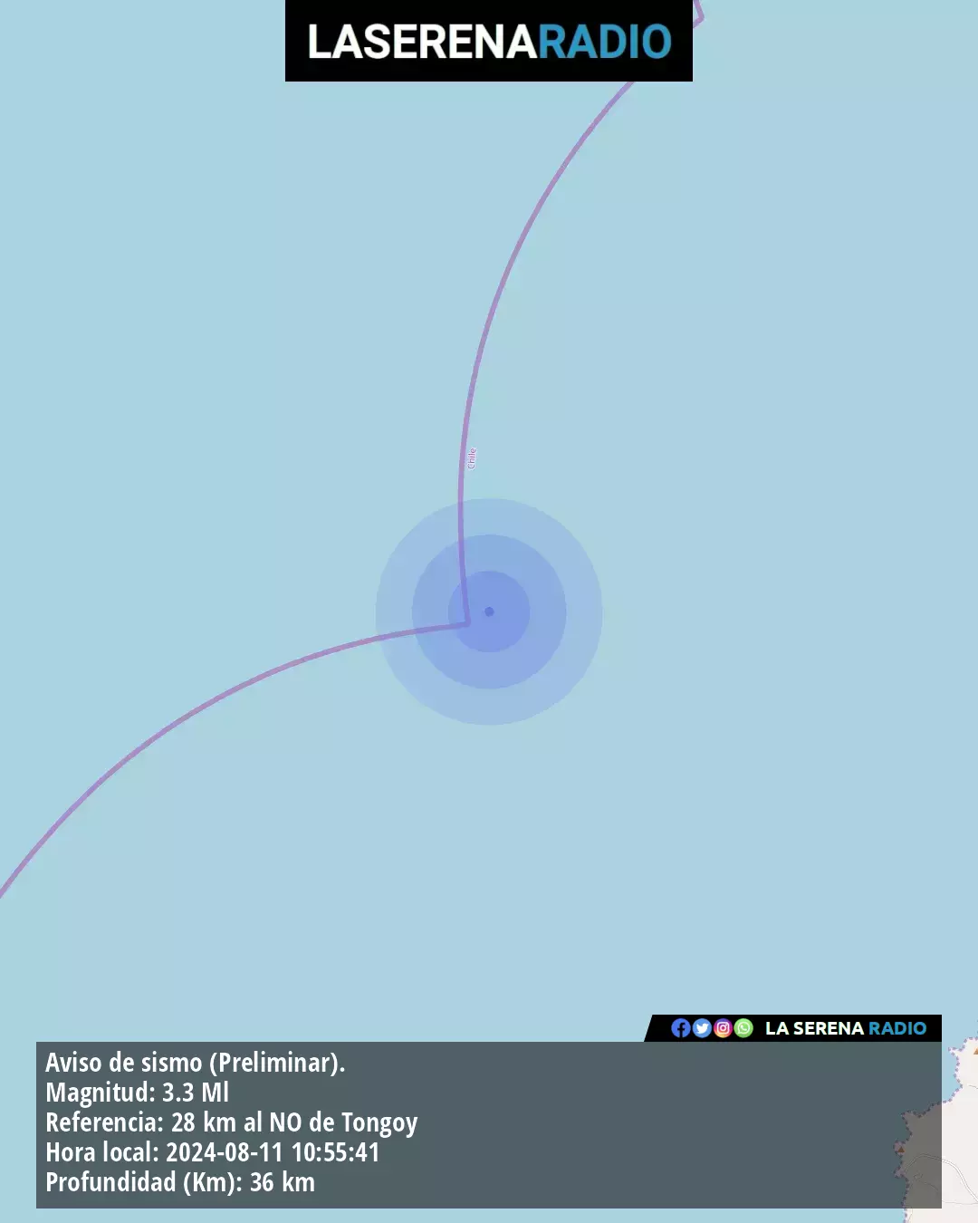 Sismo de menor intensidad a 28 kilómetros al noroeste de Tongoy