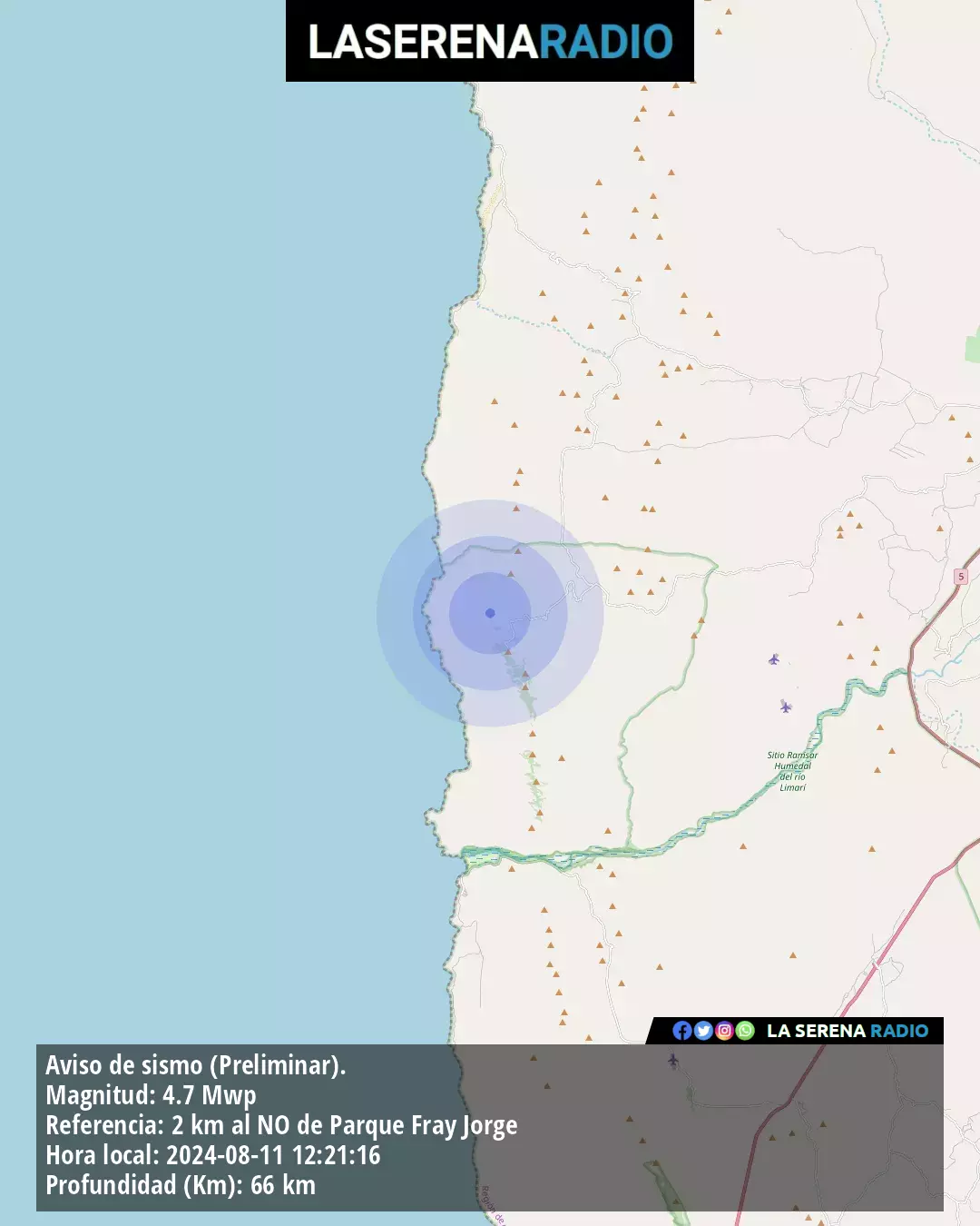 Sismo de mediana intensidad a 2 kilómetros al noroeste de Parque Fray Jorge