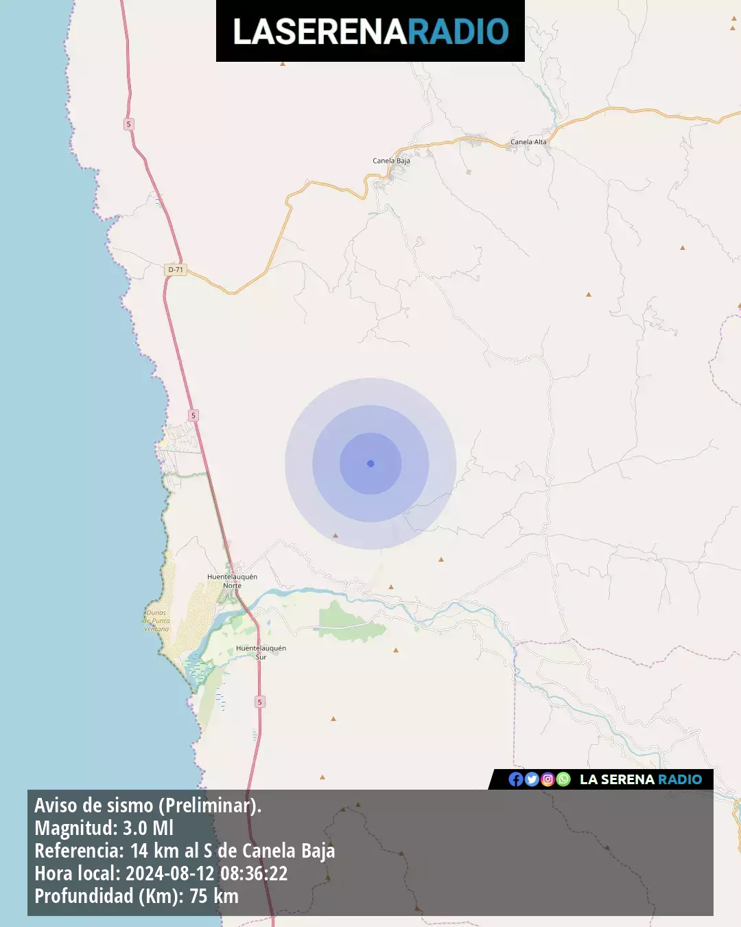 Sismo de menor intensidad a 14 kilómetros al sur de Canela Baja