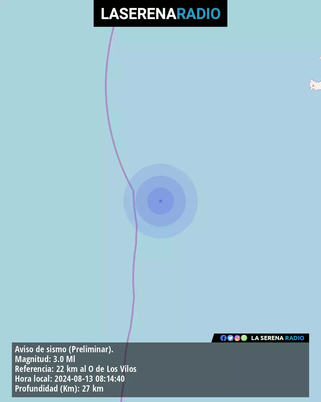 Sismo de menor intensidad a 22 kilómetros al oeste de Los Vilos