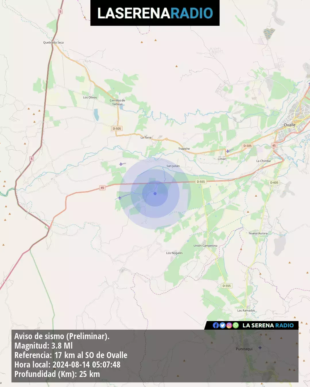 Sismo de menor intensidad a 17 kilómetros al suroeste de Ovalle