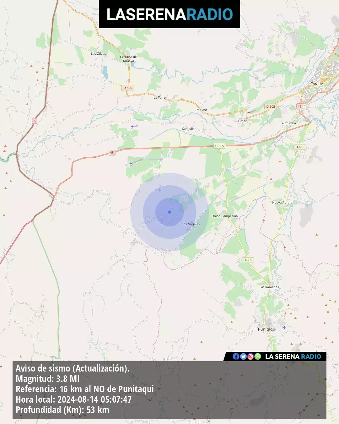 Sismo de menor intensidad a 16 kilómetros al noroeste de Punitaqui