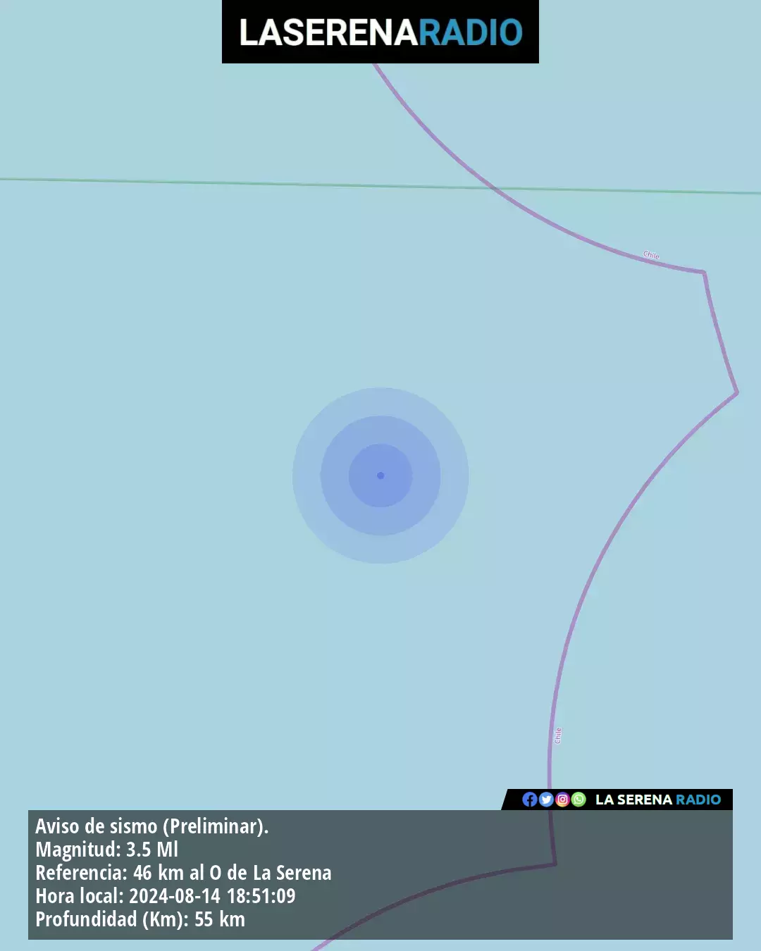 Sismo de menor intensidad a 46 kilómetros al oeste de La Serena