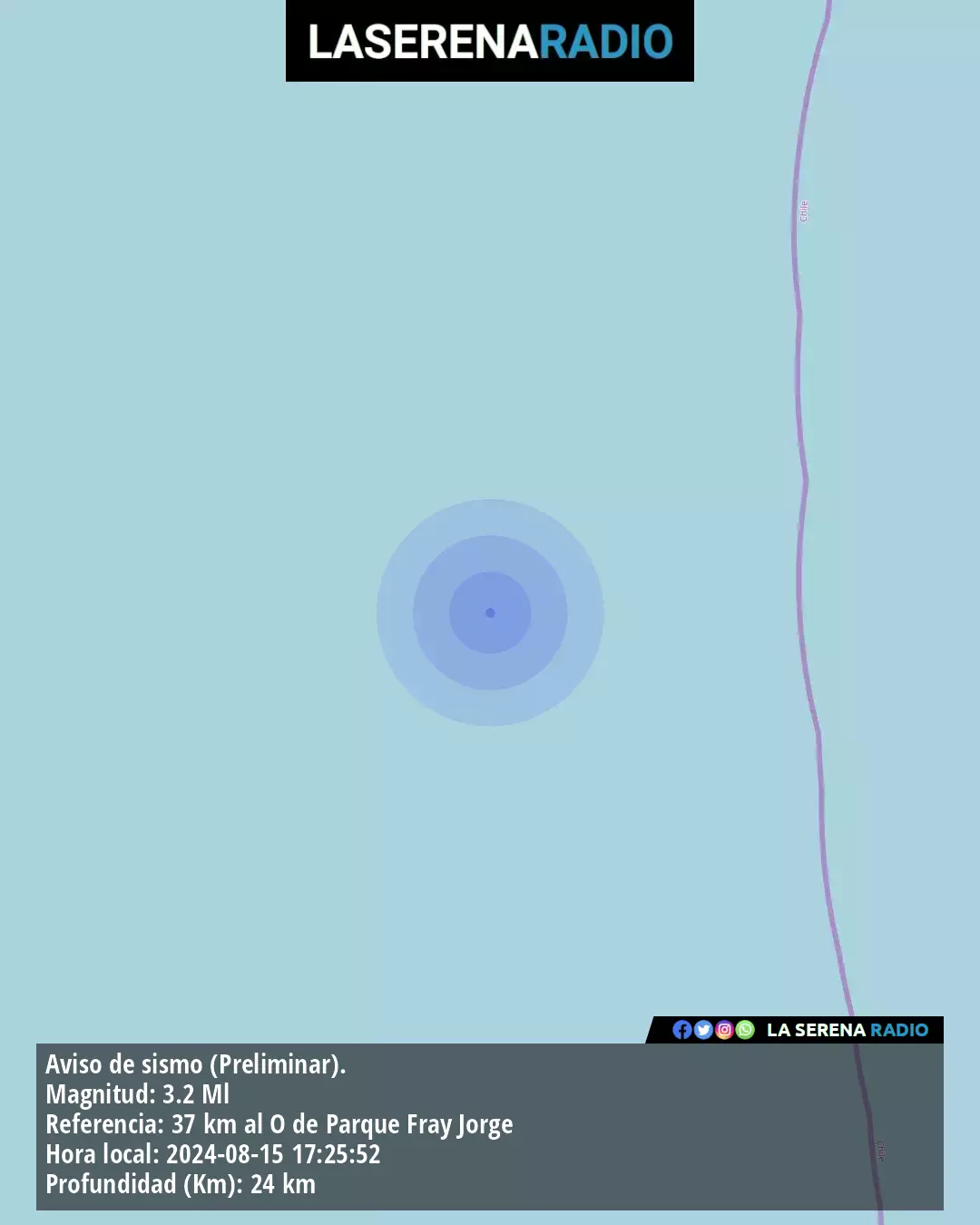 Sismo de menor intensidad a 37 kilómetros al oeste de Parque Fray Jorge